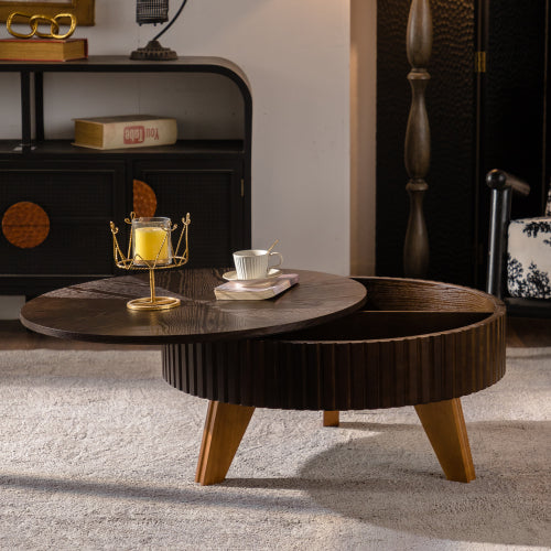 31.5inch  Retro Round Coffee Table Storage MDF Solid Wood Legs Living Room Accent Brown