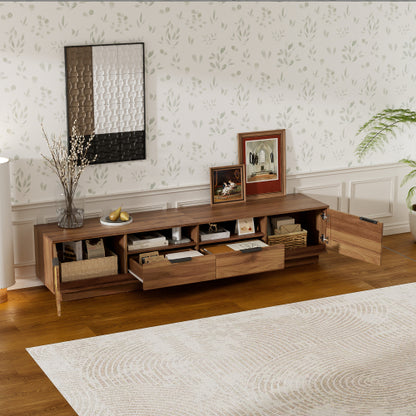 78.74 inch Walnut 2 Rattan Door 2 Drawer Legless TV Stand Open Shelf Media Console Supports 85 inch TV
