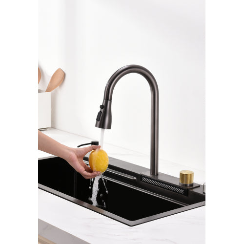 Waterfall Kitchen Sink, Stainless Steel Single Bowl in Black, Multifunctional Workstation with Flying-rain Faucet and Cutting Board, 30×18″ Stainless Steel Single Bowl Sink, LS-SSBL05