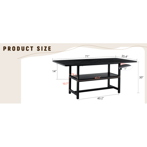 71-Inch Black Wood Grain Dining Table with Storage Shelf
