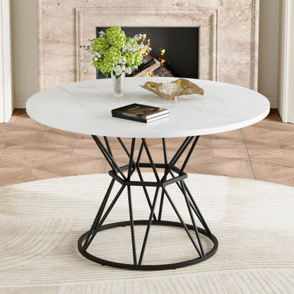 47.3 Inch Marble MDF Round Dining Table, Modern Industrial Hourglass Metal Bracket Table for 4-6 People