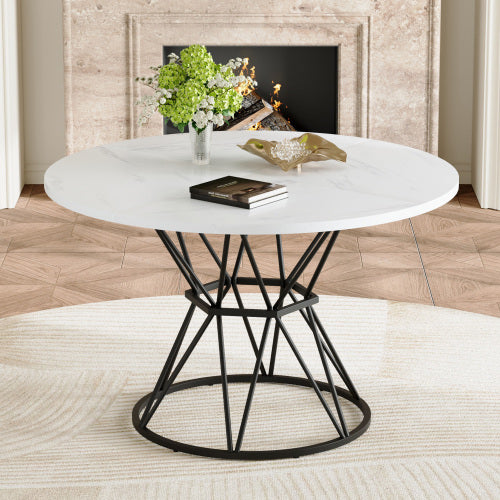 47.3 Inch Marble MDF Round Dining Table, Modern Industrial Hourglass Metal Bracket Table for 4-6 People