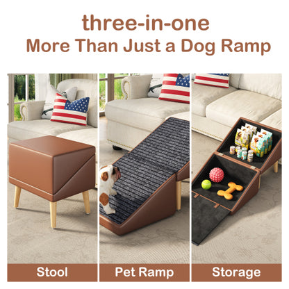 Brown 3-in-1 Foldable Pet Ottoman Dog Ramp, Anti-Slip Pet Stairs with Hidden Storage for Dogs & Cats