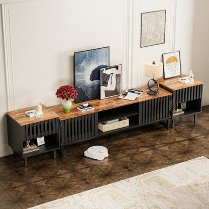 63 Inch Black MDF TV Stand Slatted Grille Doors Media Console Holds 60 Inch TV