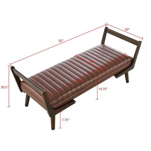 52 inch Cognac PU Mid-Century Bench Ottoman, Walnut Wood Leg Water-Resistant Footrest, 300 LBS for Bed End & Entryway