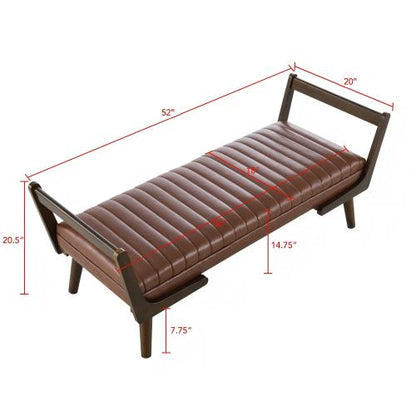 52 inch Cognac PU Mid-Century Bench Ottoman, Walnut Wood Leg Water-Resistant Footrest, 300 LBS for Bed End & Entryway