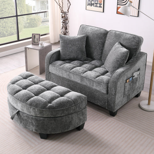 Gray 2-Seater Sofa with Irregular Arms, Storage Footrest & 2 Throw Pillows