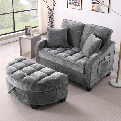 Gray 2-Seater Sofa with Irregular Arms, Storage Footrest & 2 Throw Pillows