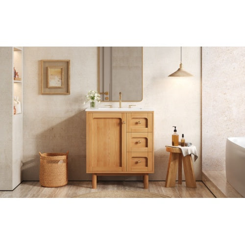 30 Inch Bathroom Vanity with Ceramic Sink, Bathroom Vanity with 3 Drawers, 1 large Soft Closing Door, Farmhouse Bathroom Storage Cabinet , Ideal for Home
