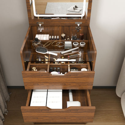 Walnut 3?in?1 Flip?Top Lighted Vanity Desk 18.9 inch L, Shatter?Proof HD Mirror, Storage Stool