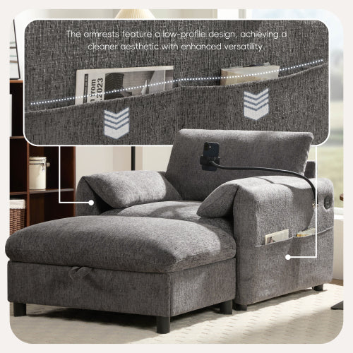37 inch  Modern Cloud Chenille Armchair with Storage Ottoman, Charger & Phone Holder