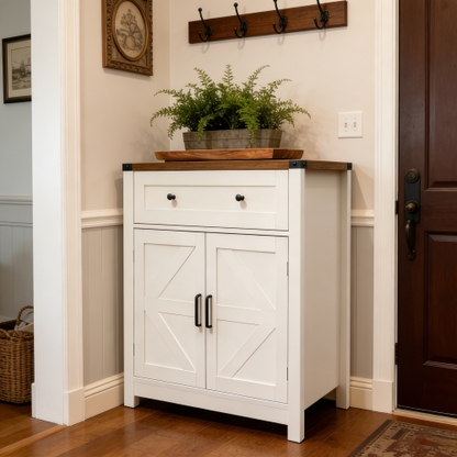 White & Wood-Grain Top Farmhouse Barn-Door Storage Cabinet, Coffee Bar Buffet Sideboard with Drawer for Kitchen & Living Room