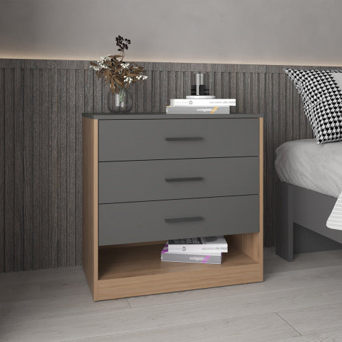 27" High Three Drawer Dresser And Open Shelf, Bedroom, Entryway, Side Board, Matte Gray - Natural Oak