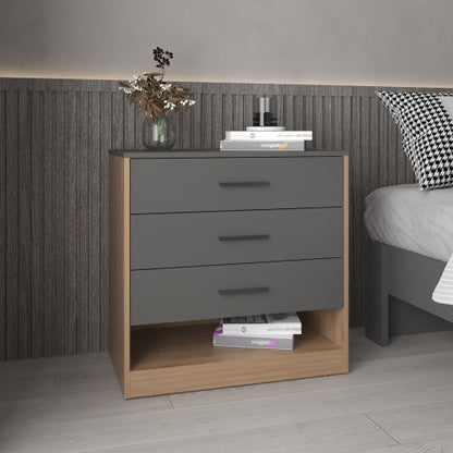 27" High Three Drawer Dresser And Open Shelf, Bedroom, Entryway, Side Board, Matte Gray - Natural Oak