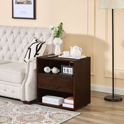 Mid Century Modern Rattan Nightstand with Charging Station USB Ports & Outlet Hole & 4 Solid Wood Bases, Farmhouse End Table with Open Space and Drawer Dresser, Walnut