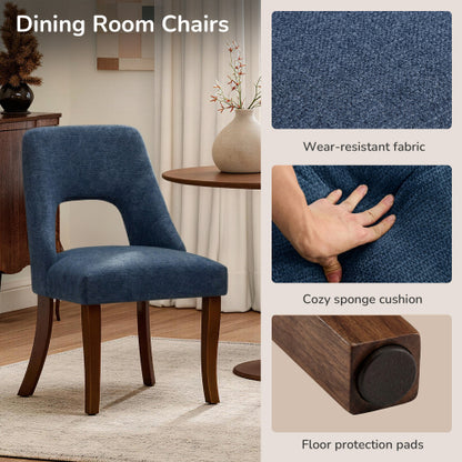 Set of 2 Navy Tufted Chenille Dining Chairs, Curved Rubberwood Legs 300lbs Capacity Space Saving Compact Design