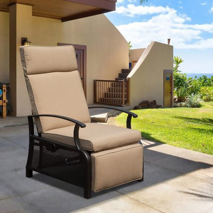 Adjustable Patio Recliner Chair Metal Outdoor Lounge Chair with Flip Table Push Back, Adjustable Angle, Removable Cushions, Support 350lbs, Beige
