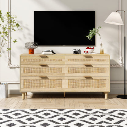 Natural Tone 6-Drawer Rattan Bedroom Storage Dresser With Metal Handle