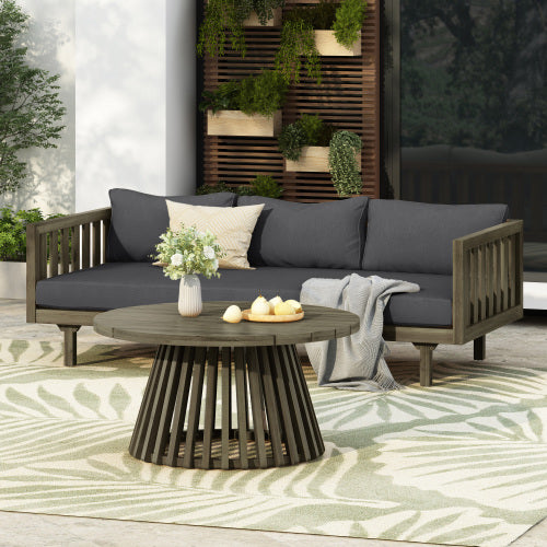 Acacia Wood Patio Furniture Set, Outdoor Grey Finish 3 Seater Daybed(with Water Resistant Thick Cushions)and Round Coffee Table, Dark Grey Cushion
