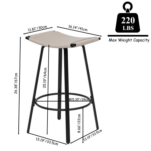 Counter Height Bar Stools Backless Handwoven Kitchen Dining Chairs with Round Footrest Set of 2 PVC Weaving Pub Stool for Indoor & Outdoor (Black & Creamy White)