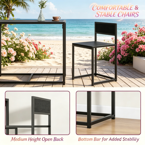 3-Piece Black Modern Dining Set, MDF & Galvanized Steel Table with 2 Low-Back Bar Stools