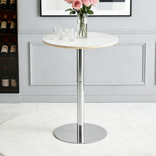 Rock slab circular tabletop non adjustable (39 inches high) bar table, bar table with silver legs and base (white)