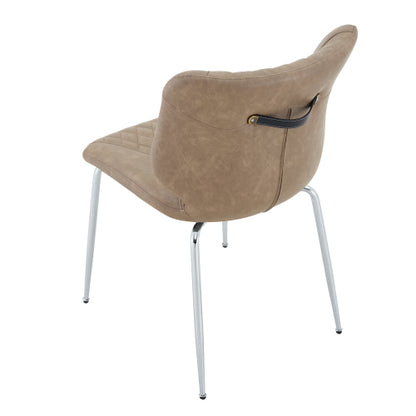 Set of 2 Khaki Crazy Horse Oil Wax Leather Dining Chairs, Electroplated Metal Leg Diamond Tuft High Back Chairs