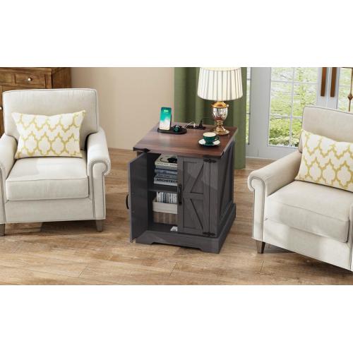 Farmhouse End Table with Charging Station, Rustic Nightstand with Barn Doors and Adjustable Shelf, Walnut Top Grey Cabinet