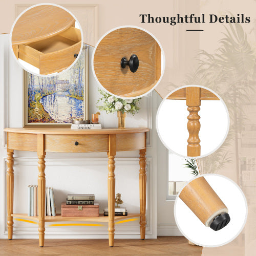Half Moon Console Table with Drawer & Shelf - Rustic Accent Table, Sofa Table for Entryway, Living Room, Hallway and Foyer (Natural)