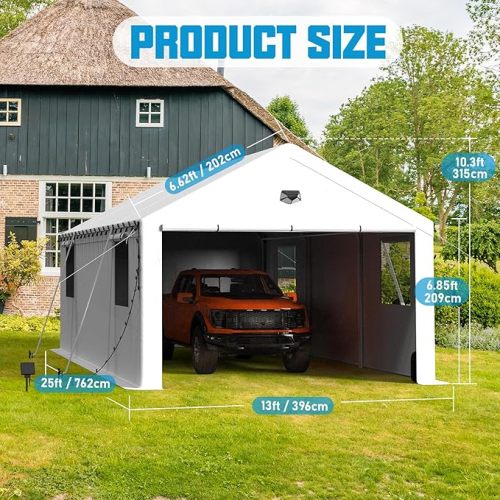 13x25 Carport Canopy, Heavy Duty Car Port, Portable Car Ports Garage with 2 Roll-Up Zipper Drive Through Doors,white