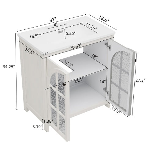 31" Farmhouse Bathroom Vanity with Ceramic Sink, Faux Aged Finish, Vintage Rustic Bathroom Cabinet with Bronze Pulls and 2 Soft-Closing Doors, Antique White