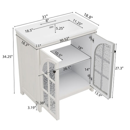 31" Farmhouse Bathroom Vanity with Ceramic Sink, Faux Aged Finish, Vintage Rustic Bathroom Cabinet with Bronze Pulls and 2 Soft-Closing Doors, Antique White