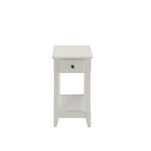 White Accent Table Drawer Shelf Storage Tapered Leg Bronze Handle Unit