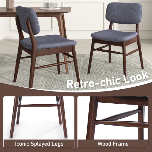 Set of 2 Mid-Century Upholstered Dining Chairs, Rubberwood Frame, Walnut and Charcoal