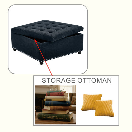 Black Tufted Square Storage Ottoman with Nailhead Trim, Multi-Functional Upholstered Footstool for Living Room & Bedroom