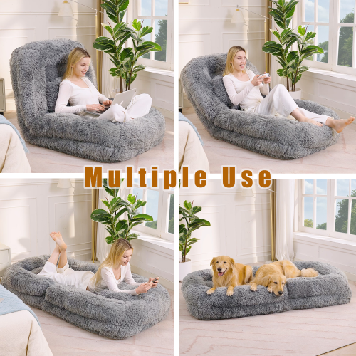 Light Gray 5-Position Adjustable Human-Size Floor Sofa Bed, Plush Faux Fur