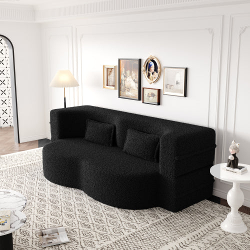 Black Convertible Sherpa-Fleece Full-Size Floor Sofa-Bed 15 inch  Height with 2 Pillows No-Assembly