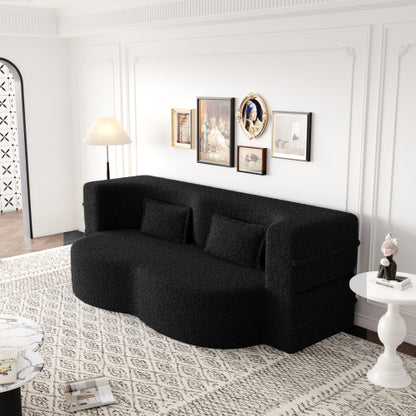 Black Convertible Sherpa-Fleece Full-Size Floor Sofa-Bed 15 inch  Height with 2 Pillows No-Assembly