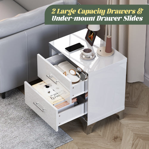 High Gloss Mirrored Nightstand with 2 Drawers,Modern End Table with Drawers,Mirrored High Gloss Wood Nightstand Metal Handle Bedside End Table for Bedroom, Dorm,Living Room,White