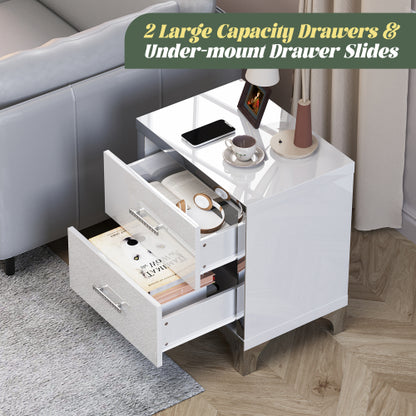 High Gloss Mirrored Nightstand with 2 Drawers,Modern End Table with Drawers,Mirrored High Gloss Wood Nightstand Metal Handle Bedside End Table for Bedroom, Dorm,Living Room,White