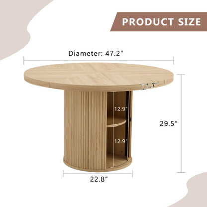 47.2 Inch Wood Grain Round Dining Table, Roman Column Pedestal Table with Double-Layer Storage for Home Dining Room