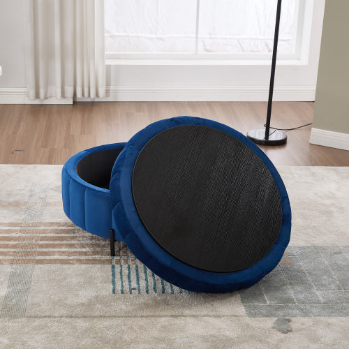 31.5 inch Navy Velvet Round Pumpkin Storage Ottoman, Reversible Lid Adjustable Metal Leg Footstool, 275 LBS
