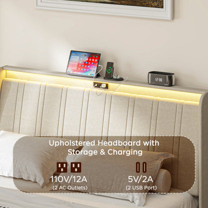 Twin Size Platform Bed Frame with Fabric Upholstered Headboard and Wooden Slats Support