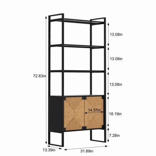 Rattan Storage Bookshelf with Cabinet for Living Room Bedroom