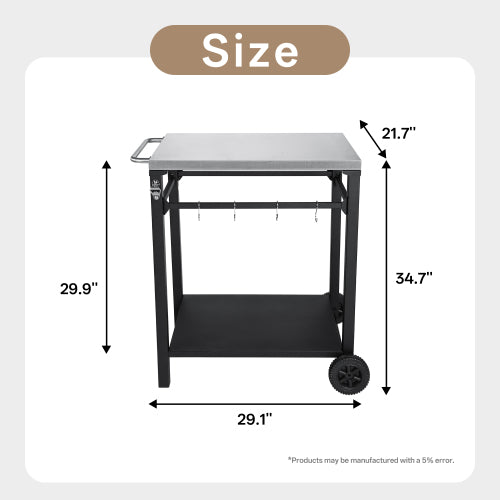 2-Tier Outdoor Grill Cart with Stainless Steel Top, Large Wheels & Tool Hooks, Movable BBQ Prep Table, Rolling Serving Bar Cart for Patio, Backyard, Pizza Oven Stand, Black