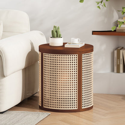 Dark Brown Round Rattan End Table, 15.7 Inch Woven Side Table with Wood Top, Small Nightstand for Bedroom Living Room