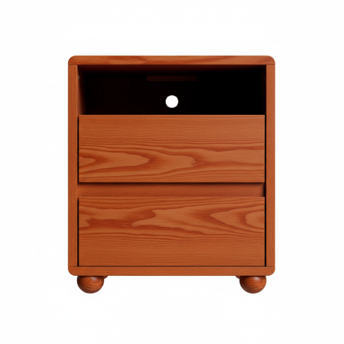 20inch Modern Nightstand with 2 Drawers And Shelves Solid Wood Night Stand with Charger Station Mid Century Bedside Table Curved Wood Side Table-Walnut