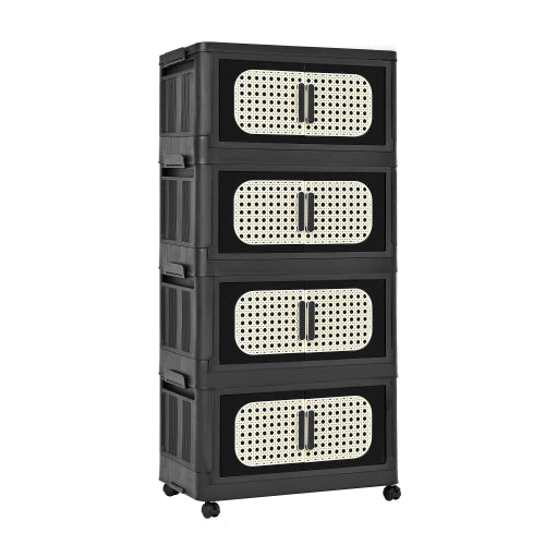 Retro Black 4 Tier Folding Storage Cabinet with Wheels Collapsible Magnetic Door 20 Inch