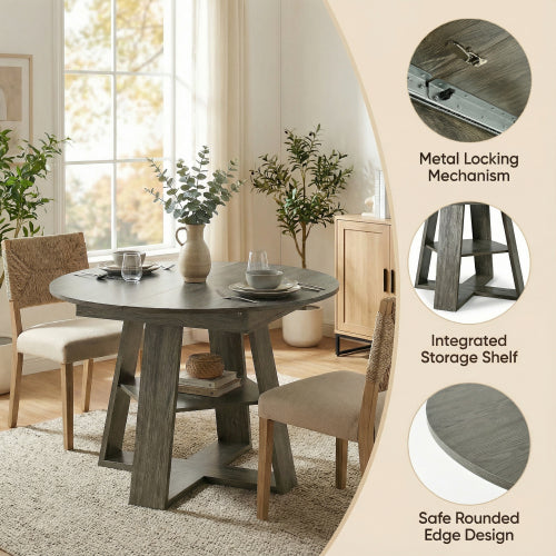 Extendable Round Dining Table for 4-8, Modern Oval Kitchen Table with Storage Shelf, Gray