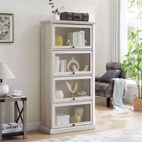 White 4-Tier Tempered Glass Display Cabinet Flip-Up Door Household Collectible Toy Book Storage Showcase Cabinet